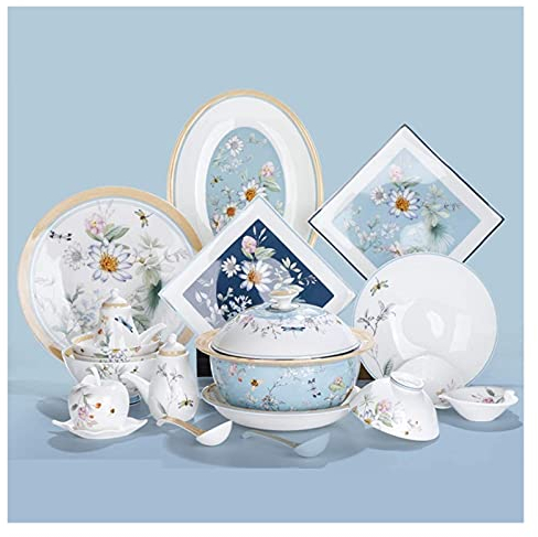 GaRcan Dinner Plate Stylish Dinner Set for Restaurant and Home, 40Pieces Chinese Style Bchina Tableware Dinnerware Set with Bowl Soup Plates Salad Plates High Bowls Toothpick Holder
