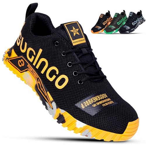 Aohuyergai Zapatos de Seguridad para Hombre Zapatillas De Seguridad Ligeros Mujer con Punteras De Acero, Zapatos De Trabajo Comodos, Zapatos Industriales De Construcción Transpirables Amarillo 42EU