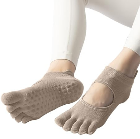 Ruayia Yoga Socken Anti-Rutsch, Stoppersocken Damen Pilates Socken Gymnastik Kickboxing Fitness Sockens Yoga Zehensocken Rutschfeste Zehenlos Pilates Sock Rutschfest füsslinge - Mokka
