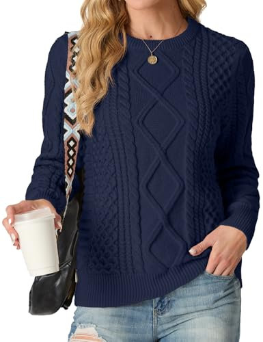 GRECERELLE Ladies Jumpers Crew Neck Cable Knitted Sweater for Women UK Long Sleeve Pullover Tops (Navy Blue,XL)