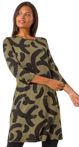 Roman Originals Women Long Sleeve Swing Dress - Ladies Autumn Winter Smart Casual Everyday Checkered Print Round Neck Stretch Comfortable Jersey Dresses - Khaki Black - Size 12