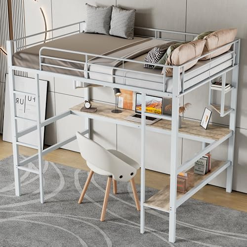 Kebnor Bettgestell Metallbett, Eisenbett mit Schreibtisch, Hochbett mit Vier kleinen Regalen und einem großen Bücherregal für Kinder, Jugendliche und Erwachsene (Weiß, 90 * 200cm)