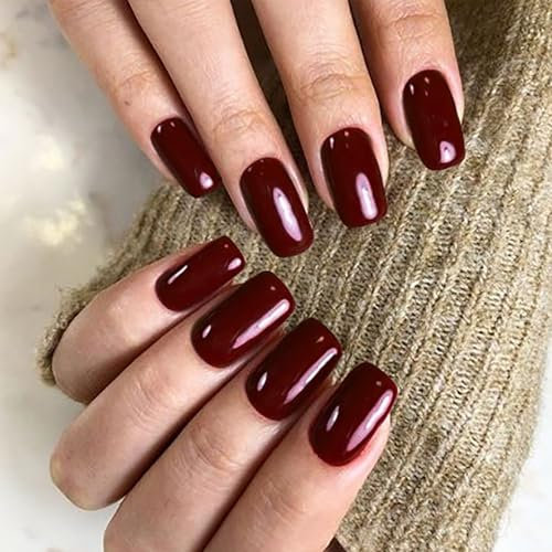 24Pcs False Nails - Short Wine Red Fake Nails with Glue - Square Press on Nails - Removable Glue-on Nail Tips for Autumn Winter DIY Nail Art Gifts for Women Girls