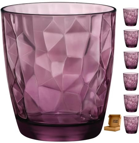 6 Vasos Diamond - Envio 24h - Perfecto para uso en Casa, Restaurante y en Fiesta, Ligeros y Resistentes con acabado de diamantes (Morado, 39 cl)