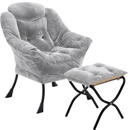 Youtanic Lazy Chair mit klappbarem Ottomane, Akzentstuhl, Plüsch, gepolstert mit Metallstruktur und rutschfesten Pads, Sofasessel mit Fußstütze und seitlicher Aufbewahrungstasche für Schlafsaal,
