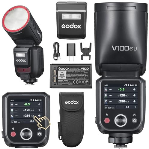 Godox V100N Flash V100-N Round Head Touch Screen Flash, 100Ws Global Shutter Flash Sync 1/80000, 1/8000 HSS, Built-in Lithium Battery, 10 Level LED Modeling Lamp, for Nikon Camera(Godox V100N)
