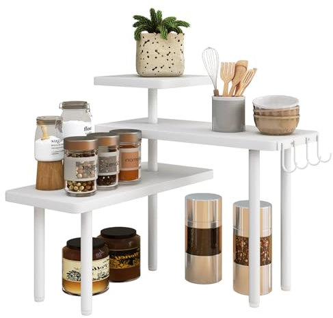 IBUYKE Countertop Organizer,3-Tier Spice Racks,Kitchen Counter Corner Shelf,4 Side Hooks,Adjustable Countertop Shelf for Kitchen, Bathroom, Coffee Bar, Cabinet, Desk,White,TLJ023W