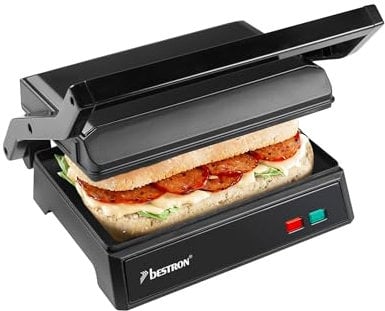 Bestron - Griglia elettrica a contatto con vassoio di raccolta, sandwich maker con manico cool touch e apertura a 700°, con rivestimento antiaderente, modello per principianti, APM123Z, colore: nero