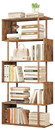GERYMU Bücherregal, Mit 6 Ebenen, Standregal, Büroregal, Freistehend, Dekoregal Regal Aufbewahrungsregal S-Form Für Wohnzimmer, Schlafzimmer, Büro Vintagebraun Bookshelf 70x30x157 cm
