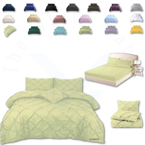 TheWhiteWater Duvet Set - 2/3 in 1 Bedding Set - Duvet Cover + Matching Pillowcases + Fitted Bed Sheets - NPolycotton Pintuck Cover (Lemon, 3 in 1 Bedding Set - Single)