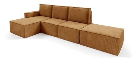 BETTSO - Gepolstertes Kordsofa Orto, Ecksofa mit Strapazierfähiger Kordstoff, Modulares Couch, Wohnlandschaft L-Form, Senf, mit Puff, 329x142x93cm, Sofa 3 Sitzer