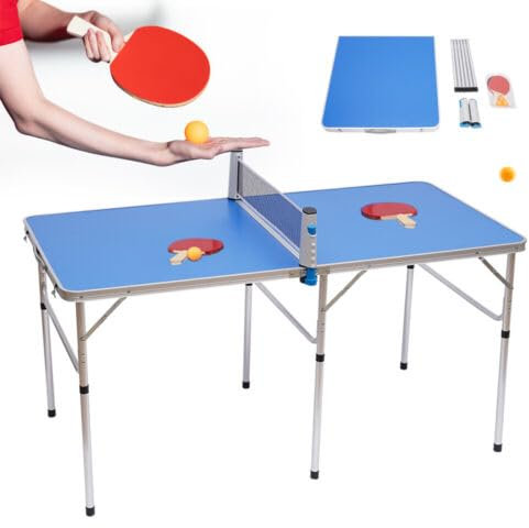 Tischtennisplatte Klappbar, Klein Ping Pong Tisch Indoor Outdoor Tischtennistisch Freizeit Tischtennisplatte mit 3 Bälle und 2 Schläger, 152 x 76 x 76cm