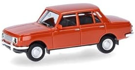Wartburg 353 Limousine Braun Orange 1966-1984 mit Sockel und Vitrine H0 1/87 Herpa Modell Auto mit individiuellem Wunschkennzeichen