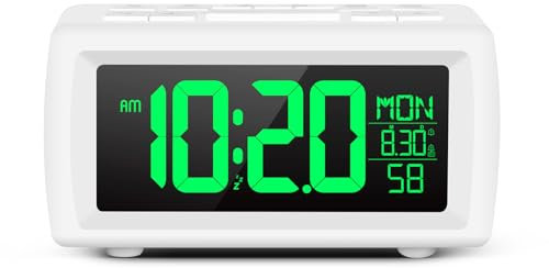 Alarm clock bedside,Digital clocks radio alarm for Bedrooms with Power cord,Large Big Numbers desk clock with Brightness Dimmer,7 Font colors, Dual Alarm(Buzzer/FM Radio)with Sleep Timer,Snooze,Green