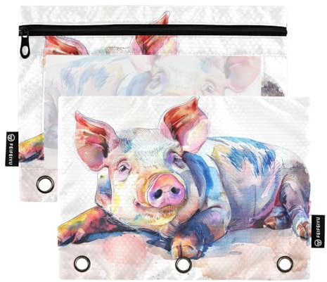 RPLIFE Großes Federmäppchen mit transparentem Fenster, 2 Stück, für Jungen und Kinder, Schulbedarf, 24,9 x 17,8 cm, niedliches Wasserfarben-Schweinchen