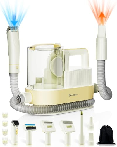 Maquinilla Eléctrica para Perros 7 en 1 con Aspirador de Pelo–Cortapelos Mascotas Silencioso 2,5L,Cepillo Aspirador para Perros y Kit de Higiene Profesional Amarillo