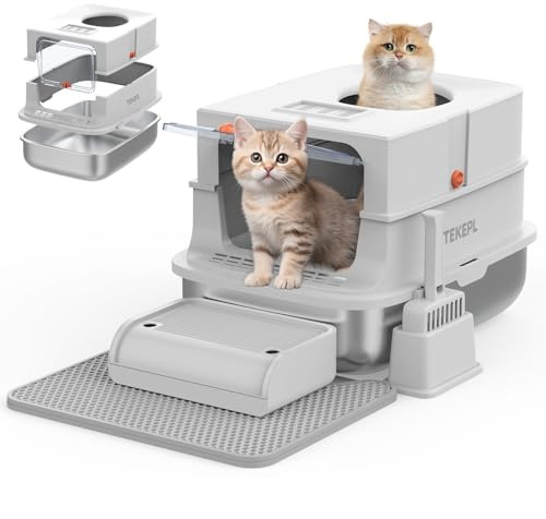 Stainless Steel Cat Litter Tray, XL Litter Box with Flip Lid and Scoop, Detachable and Leak-Proof Metal Large Pet Toilet with Filter Pedal, Charcoal Filteand Mat, Front & Top Dual Entry