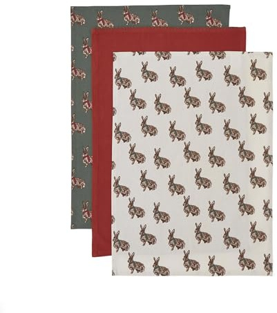 Cooksmart Christmas Heritage Hare Set of 3 Tea Towels | British designed, absorbent cotton, country kitchen accessory, durable fabric, machine washable