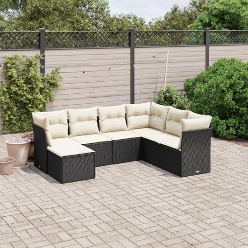 QJBSAVVA 7tlg. Schwarz Rattan Ecksofa & Mittelsofa 55x55 Balkonset mit Kissen und Hocker