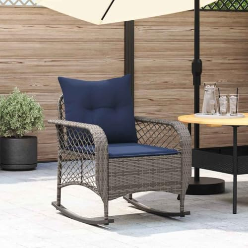 Frdhee Gartenstuhl Lounge Möbel Outdoor, Garten-Schaukelstuhl mit Kissen Grau Poly Rattan Balkon Sofa für Garten, Wohnzimmer, Hof, Terrasse und Balkon
