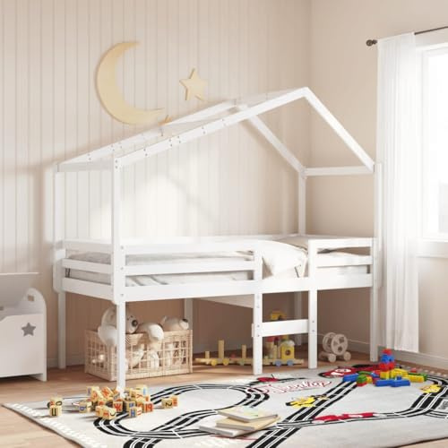 Owoxanthellate Hochbett mit Dach Weiß 205,5 x 95,5 x 144,5 cm für Kinder ab 6 Jahre Massivholz Kiefer Spielbett Funktionsbett für kleine Zimmer