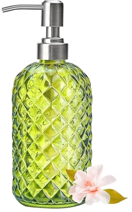 Glass Soap Dispenser Green - 350ml/ 16 Oz Hand Soap Dispenser with Rustproof Stainless Steel Pump Liquid Hand Jar Refillable Glass Bottle for Bathroom Countertop Kitchen Laundry Room