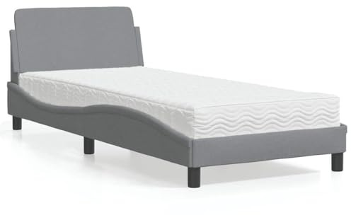 KTHLBRH Dover Light Grey Single Fabric Bed with Mattress, 3-Layer Foam Mattress with H2 and H3 Hardness, Breathable Durable Fabric Frame, Plywood Slats for Support, Waved Side Design