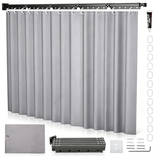 Duschvorhangstange Ohne Bohren 1,8m x 2m Faltbarer Duschvorhang mit Stange Wasserdicht, 4/5-Fach Klappbare Duschstange (Schwarze Duschvorhangstange – Grauer Duschvorhang, 5-Fach)
