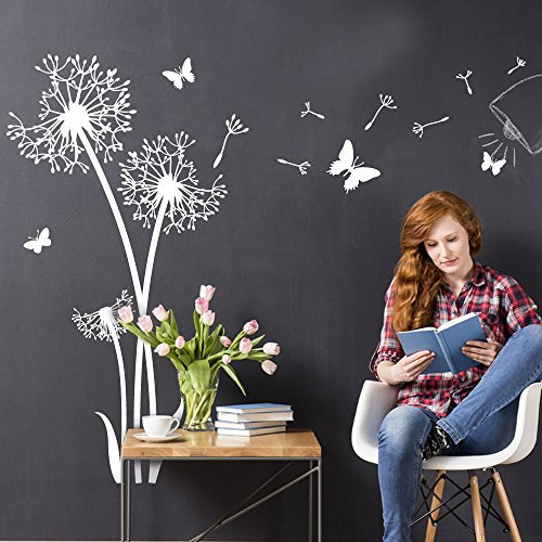 Grandora W5463 Wandtattoo 3 Pusteblumen I weiß 57 x 110 cm I Schmetterlinge Wohnzimmer Schlafzimmer Aufkleber Wandaufkleber Wandsticker