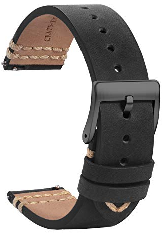 TStrap Leder Uhrenarmband 22mm - Weich Schwarz Quick Release Uhrenarmbänder Ersatz - Sport Uhrenarmband für Herren Damen - Smartwatches Armband mit Schwarz Schließe - 18mm 19mm 20mm 21mm