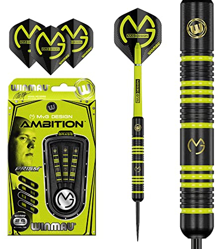 WINMAU Michael Van Gerwen MvG Ambition Brass Steeltip Darts Set 24 Gram with Prism Flights and Nylon Shafts (Stems)