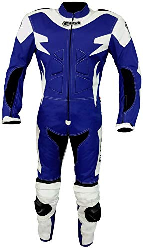 BI ESSE - Tuta da MOTO intera in pelle e tessuto,ideale per strada,viaggi lunghi,touring, pitbike,completa di gobba e protezioni rigide certificate (Blu/Bianco, S)