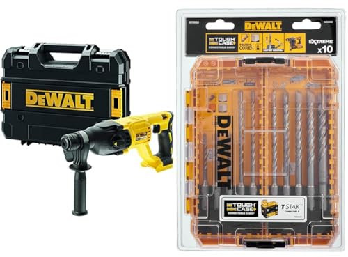 DEWALT Perforateur-Burineur SDS-PLUS Brushless 2.6J 18V, Sans Fil avec Coffret TSTAK et Débrayage de Sécurité + DEWALT Coffret TOUGHCASE 10 Pièces, Forets SDS-Plus