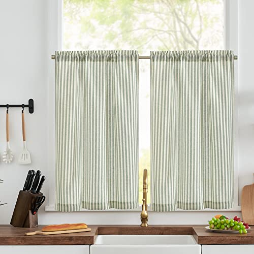 Vangao Streifen Grün Scheibengardinen Modern Küche Leinenoptik Bistrogardine 2er Set 65Bx90Hcm mit Stangendurchzug Halbtransparente Gestreifte Landhaus Gardinen Kurz Kurzstores Wohnzimmer Wohnwagen