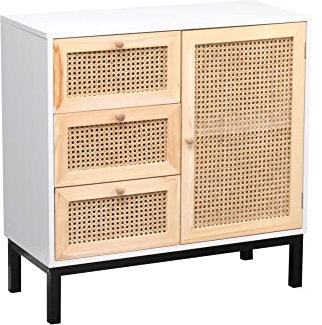Kingwudo® Wooden and Rattan Storage Unit Cupboard with 1 Door and 3 Drawers Chest of Drawers Sideboard Storage Cabinet for Living Room Kitchen