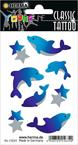 HERMA 15634 Temporäre Tattoos Delfine, 8 Stück, Klebetattoos zum Aufkleben, Fake Tattoos Aufkleber mit Delphine Sterne Motiv, Kindertattoos Sticker für Geburtstag Fasching Karneval Kinder Erwachsene
