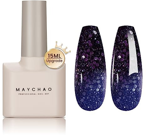 MAYCHAO Color Changing Gel Nail Polish Cyan-Purple Temperature Change Gel Polish Soak Off Nail Lamp Nail Art Manicure Salon DIY at Home