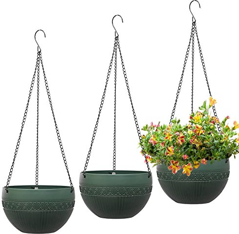 Moollyfox 3 Stück Blumenampel Außen, Ø 21cm Selbstbewässerung Blumentopf Hängend, Hängeampeln Kunststoff für Draußen, Hängeblumentöpfe mit Rostfrei Ketten, Hängeampeln für Innen Außen Decken Pflanzen