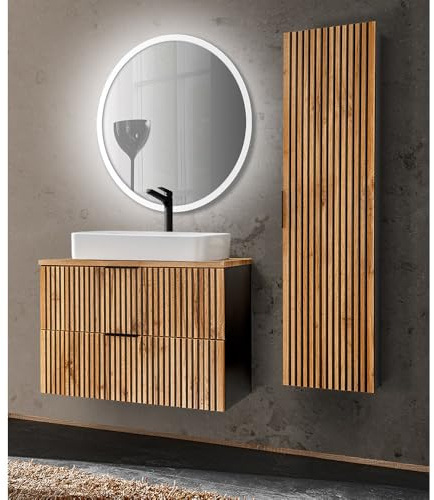 Lomadox Badmöbel Set 3-teilig Waschplatz Waschtisch Unterschrank 80 cm Keramik Waschbecken Spiegel Beleuchtung Hochschrank anthrazit Wotan Eiche Nb. schwarz Rillen