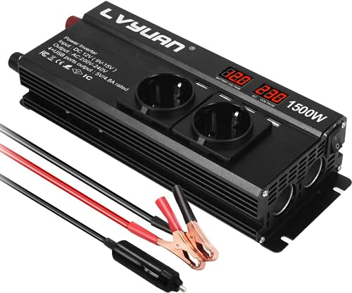 Yinleader Convertisseur 12V 220V 1500W Onduleur avec 2 Prises et 4 USB convertisseur de Tension 2 LED