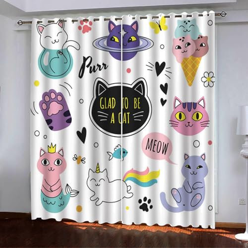Gardinen Lila Weiße Katze Curtain Weich Vorhang Blickdicht mit ösen Living Room Scheibengardinen Schlafzimmer Blackout Vorhang Verdunklungsvorhänge Schallschutz Vorhänge 2x140x240cm
