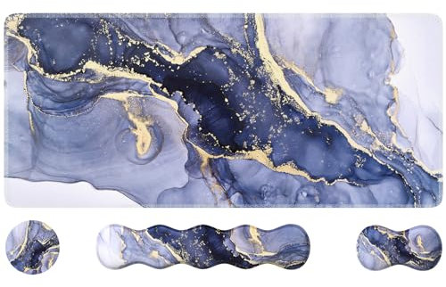 HAOCOO Keyboard Mouse Pad Set, Large Gaming Mouse Pad + Keyboard Wrist Rest + Mouse Pad with Wrist Support + Coaster, Easy Typing Pain Relief, 35.4x15.7in Desk Mat for Home Office, Marble Blue