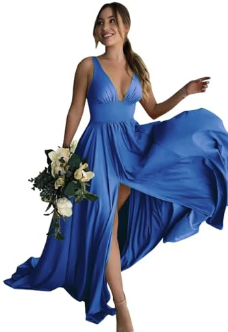 BABYONLINE D.R.E.S.S. Robe de Gala Longue avec Fente Robe de Cocktail Sexy Chic pour Mariage Chic Bleu Royal 32