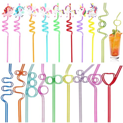 SPERMUOY Pajitas para niños, 28 unidades, reutilizables, pajitas para niños, pajitas en espiral, pajitas rizadas para niños, decoraciones de fiesta de cumpleaños