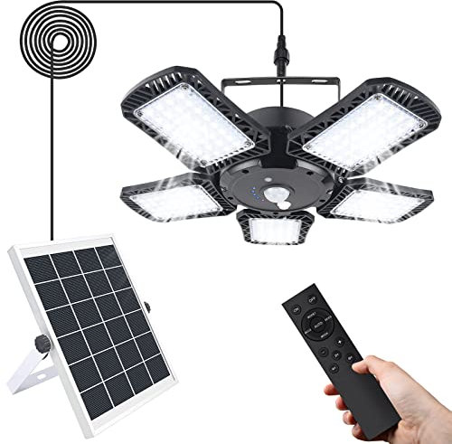 xingruyu Solar Shed Pendant Light Indoor Outdoor, 160LED 1200LM IP65 5-Leaf Solar Motion Sensor Light with Remote & 6 Lighting Modes for Shed Gazebo Barn Garage