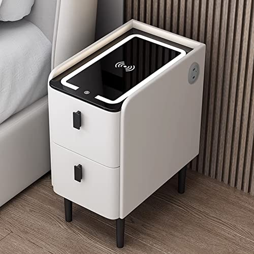 Smart Bedside End Table With Storage Drawer and LED Light - Small Nightstand for Bedroom With USB Charging Port - Narrow Modern White Furniture