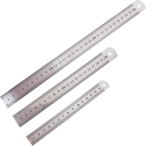 Visxcnu 3 Stück Edelstahl Lineale 15cm/20cm/30cm Metall Lineal Präzisions Doppelseitenskala Kante Stahllineal Gerader Rand Lineal Metall Messwerkzeug für Engineering Lehre Zeichnungen Büro Schule