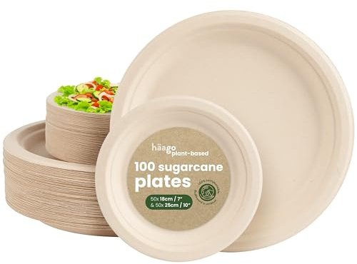 HAAGO 180 Eco Disposable Sugarcane Plates (25cm & 18cm, 90 of Each) - Natural Colour Strong Paper Plates, Biodegradable & Compostable Dinner & Dessert Plate - Sturdy & Heavy Duty