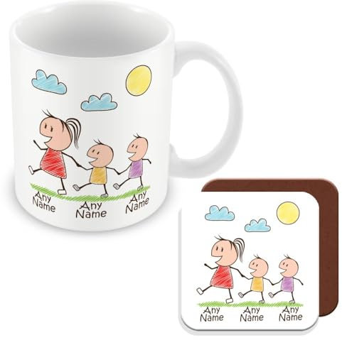 MUGGZ Personalised - Mummy Mug & Coaster with 2 Kids - Personalise with Names - Gift for Mums - Giftset - Made in The UK