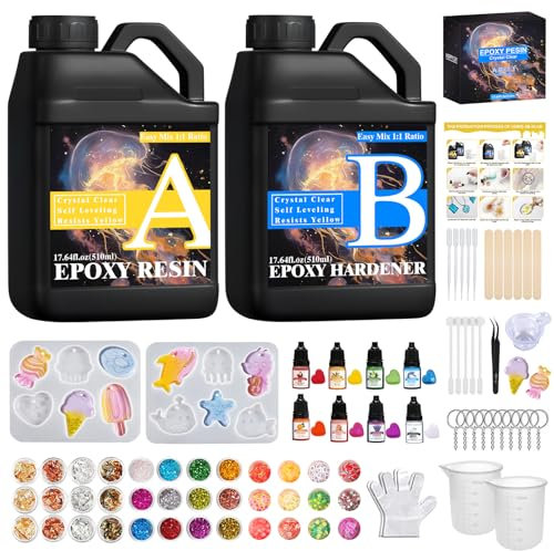 TOSUTO 1020 ml Epoxidharz Set Anfänger,Glasklar Resin Harz Gießen Set,Harz Gießen Zubehör mit Glitzer,Silikonformen,1: 1 Verhältnis,Epoxy Resin für DIY Schmuckherstellung, Handwerk, Holz, Aquarium